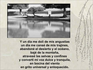 Y un día me dolí de mis angustias
  un día me cansé de mis trajines,
 abandoné el desierto y el océano,
        bajé de la montaña,
   atravesé las selvas y confines
y convertí mi voz dulce y tranquila,
        en bocina del viento
 en grito universal y enloquecido.
 