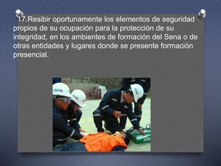 17.Resibir oportunamente los elementos de seguridad
propios de su ocupación para la protección de su
integridad, en los ambientes de formación del Sena o de
otras entidades y lugares donde se presente formación
presencial.
 