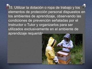 O15. Utilizar la dotación o ropa de trabajo y los
elementos de protección personal dispuestos en
los ambientes de aprendizaje, observando las
condiciones de prevención señaladas por el
Instructor o Tutor y organizarlos para ser
utilizados exclusivamente en el ambiente de
aprendizaje requerido.
 