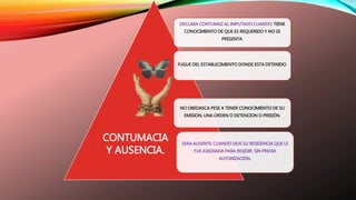 DECLARA CONTUMAZ AL IMPUTADO CUANDO: TIENE 
CONOCIMIENTO DE QUE ES REQUERIDO Y NO SE 
PRESENTA. 
FUGUE DEL ESTABLECIMIENTO DONDE ESTA DETENIDO. 
NO OBEDASCA PESE A TENER CONOCIMIENTO DE SU 
EMISION, UNA ORDEN O DETENCION O PRISIÓN. 
SERA AUSENTE: CUANDO DEJE SU RESIDENCIA QUE LE 
FUE ASIGNADA PARA RESIDIR. SIN PREVIA 
AUTORIZACIÓN. 
CONTUMACIA 
Y AUSENCIA. 
 