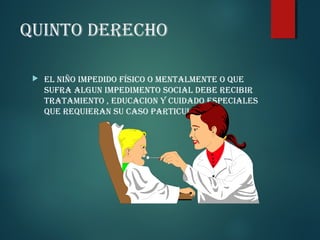 QUINTO DERECHO


EL NIÑO IMPEDIDO fíSICO O MENTALMENTE O QUE
SUfRA ALGUN IMPEDIMENTO SOCIAL DEBE RECIBIR
TRATAMIENTO , EDUCACION Y CUIDADO ESPECIALES
QUE REQUIERAN SU CASO PARTICULAR

 