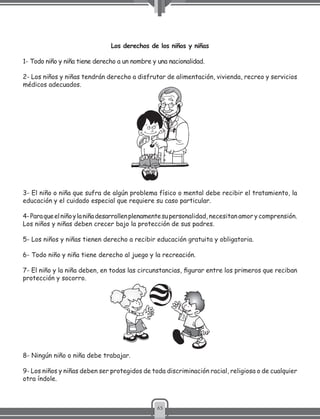 65
Los derechos de los niños y niñas
1- Todo niño y niña tiene derecho a un nombre y una nacionalidad.
2- Los niños y niñas tendrán derecho a disfrutar de alimentación, vivienda, recreo y servicios
médicos adecuados.
3- El niño o niña que sufra de algún problema físico o mental debe recibir el tratamiento, la
educación y el cuidado especial que requiere su caso particular.
4-Paraqueelniñoylaniñadesarrollenplenamentesupersonalidad, necesitan amor y comprensión.
Los niños y niñas deben crecer bajo la protección de sus padres.
5- Los niños y niñas tienen derecho a recibir educación gratuita y obligatoria.
6- Todo niño y niña tiene derecho al juego y la recreación.
7- El niño y la niña deben, en todas las circunstancias, figurar entre los primeros que reciban
protección y socorro.
8- Ningún niño o niña debe trabajar.
9- Los niños y niñas deben ser protegidos de toda discriminación racial, religiosa o de cualquier
otra índole.