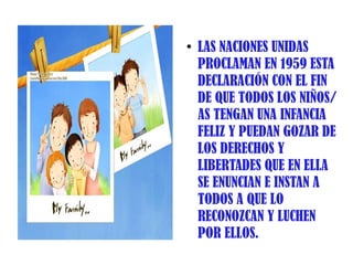 ●
    LAS NACIONES UNIDAS
    PROCLAMAN EN 1959 ESTA
    DECLARACIÓN CON EL FIN
    DE QUE TODOS LOS NIÑOS/
    AS TENGAN UNA INFANCIA
    FELIZ Y PUEDAN GOZAR DE
    LOS DERECHOS Y
    LIBERTADES QUE EN ELLA
    SE ENUNCIAN E INSTAN A
    TODOS A QUE LO
    RECONOZCAN Y LUCHEN
    POR ELLOS.
 