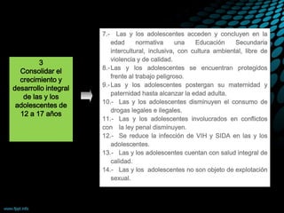 7.- Las y los adolescentes acceden y concluyen en la
edad normativa una Educación Secundaria
intercultural, inclusiva, con cultura ambiental, libre de
violencia y de calidad.
8.-Las y los adolescentes se encuentran protegidos
frente al trabajo peligroso.
9.-Las y los adolescentes postergan su maternidad y
paternidad hasta alcanzar la edad adulta.
10.- Las y los adolescentes disminuyen el consumo de
drogas legales e ilegales.
11.- Las y los adolescentes involucrados en conflictos
con la ley penal disminuyen.
12.- Se reduce la infección de VIH y SIDA en las y los
adolescentes.
13.- Las y los adolescentes cuentan con salud integral de
calidad.
14.- Las y los adolescentes no son objeto de explotación
sexual.
3
Consolidar el
crecimiento y
desarrollo integral
de las y los
adolescentes de
12 a 17 años
 