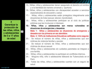 15.- Niñas, niños y adolescentes tienen asegurado el derecho al nombre
y a la identidad de manera universal y oportuna.
16.- Niñas, niños y adolescentes con discapacidad acceden a servicios
especializados de educación y salud.
17.- Niñas, niños y adolescentes están protegidos integralmente ante
situaciones de trata (sexual, laboral, mendicidad).
18.- Niñas, niños y adolescentes participan en el ciclo de políticas
públicas que les involucran o interesan.
19.- Niñas, niños y adolescentes son menos vulnerables en
situaciones de emergencias y desastres.
Meta 1: Niños y adolescentes es situaciones de emergencia y
desastre son los primeros en ser atendidos.
Meta 2: 100% de Instituciones Educativas calificadas como seguras
20.- Se reduce el número de niñas, niños y adolescentes que son
victimas de violencia familiar y escolar
21.- Se reduce el número de niñas, niños y adolescentes que son
víctimas de abuso sexual.
22.- Niñas, niños y adolescentes sin cuidados parentales se integran a
una familia.
23.- Niñas, niños y adolescentes no participan en conflictos internos.
24.- Ninguna niña, niño o adolescente fallecerá de Tuberculosis en el
Perú.
25.- Todas las niñas, niños y adolescentes cuentan con un seguro de
salud.
4
Garantizar la
protección de
las niñas, niños
y adolescentes
de 0 a 17 años
de edad
 
