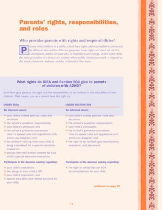 Parents’ rights, responsibilities, 
and roles 
Who provides parents with rights and responsibilities? 
arents with children in a public school have rights and responsibilities protected 
by different laws and for different purposes. Some rights are based on the U.S. 
Constitution, federal or state laws, or Supreme Court rulings. Others come from 
the basic principles of a democratic society where public institutions need to respond to 
the needs of parents, students, and the community they serve. 
23 
P 
What rights do IDEA and Section 504 give to parents 
of children with ADHD? 
Both laws give parents the right and the responsibility to be involved in the education of their 
children. That means, you as a parent have the right to: 
UNDER IDEA UNDER SECTION 504 
Be informed about: 
 your child’s school policies, rules and 
decisions 
 the school’s academic requirements; 
 your child’s curriculum; and 
 the school’s grievance procedures 
(how to appeal rules and regulations with 
which you disagree); and 
 be notified in writing when your child is 
being considered for a special education 
evaluation; 
 provide informed written consent for your 
child’s special education evaluation. 
Participate in the decision making regarding: 
 your child’s evaluation; 
 the design of your child’s IEP; 
 your child’s placement; and 
 special education and related services for 
your child. 
Be informed about: 
 your child’s school policies, rules and 
decisions; 
 the school’s academic requirements; 
 your child’s curriculum; 
 the school’s grievance procedures 
(how to appeal rules and regulations with 
which you disagree) and 
 the right to be notified upon identification, 
evaluation, and placement. 
Participate in the decision making regarding: 
 the right to refuse Section 504 
accommodations for your child. 
continued on page 25 
 