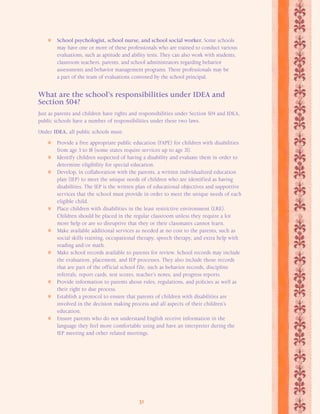 School psychologist, school nurse, and school social worker. Some schools 
may have one or more of these professionals who are trained to conduct various 
evaluations, such as aptitude and ability tests. They can also work with students, 
classroom teachers, parents, and school administrators regarding behavior 
assessments and behavior management programs. These professionals may be 
a part of the team of evaluations convened by the school principal. 
What are the school’s responsibilities under IDEA and 
Section 504? 
Just as parents and children have rights and responsibilities under Section 504 and IDEA, 
public schools have a number of responsibilities under these two laws. 
Under IDEA, all public schools must: 
 Provide a free appropriate public education (FAPE) for children with disabilities 
from age 3 to 18 (some states require services up to age 21). 
 Identify children suspected of having a disability and evaluate them in order to 
determine eligibility for special education. 
 Develop, in collaboration with the parents, a written individualized education 
plan (IEP) to meet the unique needs of children who are identified as having 
disabilities. The IEP is the written plan of educational objectives and supportive 
services that the school must provide in order to meet the unique needs of each 
eligible child. 
 Place children with disabilities in the least restrictive environment (LRE). 
Children should be placed in the regular classroom unless they require a lot 
more help or are so disruptive that they or their classmates cannot learn. 
 Make available additional services as needed at no cost to the parents, such as 
social skills training, occupational therapy, speech therapy, and extra help with 
reading and/or math. 
 Make school records available to parents for review. School records may include 
the evaluation, placement, and IEP processes. They also include those records 
that are part of the official school file, such as behavior records, discipline 
referrals, report cards, test scores, teacher’s notes, and progress reports. 
 Provide information to parents about rules, regulations, and policies as well as 
31 
their right to due process. 
 Establish a protocol to ensure that parents of children with disabilities are 
involved in the decision making process and all aspects of their children’s 
education. 
 Ensure parents who do not understand English receive information in the 
language they feel more comfortable using and have an interpreter during the 
IEP meeting and other related meetings. 
 