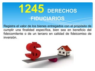 1245 DERECHOS
FIDUCIARIOS
Registra el valor de los bienes entregados con el propósito de
cumplir una finalidad específica, bien sea en beneficio del
fideicomitente o de un tercero en calidad de fideicomiso de
inversión.

 
