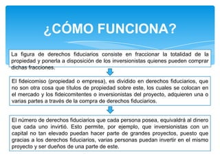¿CÓMO FUNCIONA?
La figura de derechos fiduciarios consiste en fraccionar la totalidad de la
propiedad y ponerla a disposición de los inversionistas quienes pueden comprar
dichas fracciones.
El fideicomiso (propiedad o empresa), es dividido en derechos fiduciarios, que
no son otra cosa que títulos de propiedad sobre este, los cuales se colocan en
el mercado y los fideicomitentes o inversionistas del proyecto, adquieren una o
varias partes a través de la compra de derechos fiduciarios.

El número de derechos fiduciarios que cada persona posea, equivaldrá al dinero
que cada uno invirtió. Esto permite, por ejemplo, que inversionistas con un
capital no tan elevado puedan hacer parte de grandes proyectos, puesto que
gracias a los derechos fiduciarios, varias personas puedan invertir en el mismo
proyecto y ser dueños de una parte de este.

 