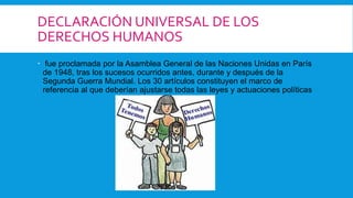 DECLARACIÓN UNIVERSAL DE LOS
DERECHOS HUMANOS
 fue proclamada por la Asamblea General de las Naciones Unidas en París
de 1948, tras los sucesos ocurridos antes, durante y después de la
Segunda Guerra Mundial. Los 30 artículos constituyen el marco de
referencia al que deberían ajustarse todas las leyes y actuaciones políticas
 
