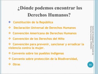 Centro de Investigación y Promoción de Derechos Humanos, CIPRODEH. ¿Dónde podemos encontrar los Derechos Humanos?   Constitución de la República Declaración Universal de Derechos Humanos Convención Americana de Derechos Humanos Convención de los Derechos del Niño Convención para prevenir, sancionar y erradicar la  violencia contra la mujer. Convenio sobre los pueblos Indígenas Convenio sobre protección de la Biodiversidad,  Otras 
