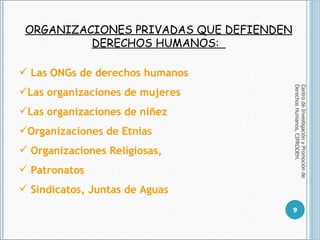 ORGANIZACIONES PRIVADAS QUE DEFIENDEN DERECHOS HUMANOS:  Centro de Investigación y Promoción de Derechos Humanos, CIPRODEH. Las ONGs de derechos humanos Las organizaciones de mujeres Las organizaciones de niñez Organizaciones de Etnias Organizaciones Religiosas, Patronatos Sindicatos, Juntas de Aguas  