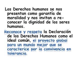 3º GeneraciónEsta generación pertenece a la actualidad, y en elladescubrimos una nueva versión de la fraternidad, asaber la solidaridadSe trata de promover aquellos Derechos que implicanuna concepción más global de la humanidad: Derechoa un medio ambiente no contaminado, Derecho a lapaz,...