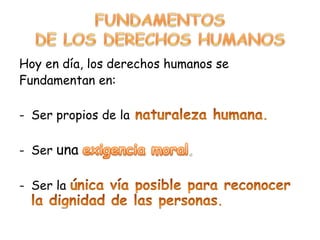 FUNDAMENTOS DE LOS DERECHOS HUMANOSHoy en día, los derechos humanos seFundamentan en:Ser propios de lanaturaleza humana.
