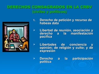DERECHOS CONSAGRADOS EN LA CRBV  (civiles y políticos) Derecho de petición y recurso de habeas data Libertad de reunión, asociación y derecho a la manifestación pacífica Libertades de conciencia y opinión; de religión y culto; y de expresión Derecho a la participación política 