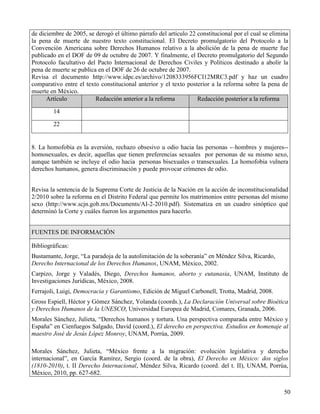 de diciembre de 2005, se derogó el último párrafo del artículo 22 constitucional por el cual se elimina
la pena de muerte de nuestro texto constitucional. El Decreto promulgatorio del Protocolo a la
Convención Americana sobre Derechos Humanos relativo a la abolición de la pena de muerte fue
publicado en el DOF de 09 de octubre de 2007. Y finalmente, el Decreto promulgatorio del Segundo
Protocolo facultativo del Pacto Internacional de Derechos Civiles y Políticos destinado a abolir la
pena de muerte se publica en el DOF de 26 de octubre de 2007.
Revisa el documento http://www.idpc.es/archivo/1208333956FCI12MRC3.pdf y haz un cuadro
comparativo entre el texto constitucional anterior y el texto posterior a la reforma sobre la pena de
muerte en México.
      Artículo           Redacción anterior a la reforma          Redacción posterior a la reforma

        14

        22


8. La homofobia es la aversión, rechazo obsesivo u odio hacia las personas -–hombres y mujeres--
homosexuales, es decir, aquellas que tienen preferencias sexuales por personas de su mismo sexo,
aunque también se incluye el odio hacia personas bisexuales o transexuales. La homofobia vulnera
derechos humanos, genera discriminación y puede provocar crímenes de odio.


Revisa la sentencia de la Suprema Corte de Justicia de la Nación en la acción de inconstitucionalidad
2/2010 sobre la reforma en el Distrito Federal que permite los matrimonios entre personas del mismo
sexo (http://www.scjn.gob.mx/Documents/AI-2-2010.pdf). Sistematiza en un cuadro sinóptico qué
determinó la Corte y cuáles fueron los argumentos para hacerlo.


FUENTES DE INFORMACIÓN

Bibliográficas:
Bustamante, Jorge, “La paradoja de la autolimitación de la soberanía” en Méndez Silva, Ricardo,
Derecho Internacional de los Derechos Humanos, UNAM, México, 2002.
Carpizo, Jorge y Valadés, Diego, Derechos humanos, aborto y eutanasia, UNAM, Instituto de
Investigaciones Jurídicas, México, 2008.
Ferrajoli, Luigi, Democracia y Garantismo, Edición de Miguel Carbonell, Trotta, Madrid, 2008.
Gross Espiell, Héctor y Gómez Sánchez, Yolanda (coords.), La Declaración Universal sobre Bioética
y Derechos Humanos de la UNESCO, Universidad Europea de Madrid, Comares, Granada, 2006.
Morales Sánchez, Julieta, “Derechos humanos y tortura. Una perspectiva comparada entre México y
España” en Cienfuegos Salgado, David (coord.), El derecho en perspectiva. Estudios en homenaje al
maestro José de Jesús López Monroy, UNAM, Porrúa, 2009.

Morales Sánchez, Julieta, “México frente a la migración: evolución legislativa y derecho
internacional”, en García Ramírez, Sergio (coord. de la obra), El Derecho en México: dos siglos
(1810-2010), t. II Derecho Internacional, Méndez Silva, Ricardo (coord. del t. II), UNAM, Porrúa,
México, 2010, pp. 627-682.


                                                                                                     50
 