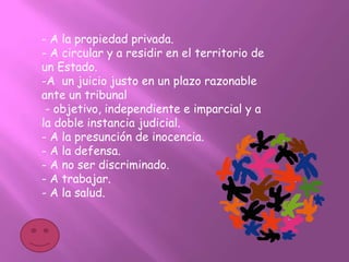 - A la propiedad privada.
- A circular y a residir en el territorio de
un Estado.
-A un juicio justo en un plazo razonable
ante un tribunal
 - objetivo, independiente e imparcial y a
la doble instancia judicial.
- A la presunción de inocencia.
- A la defensa.
- A no ser discriminado.
- A trabajar.
- A la salud.
 