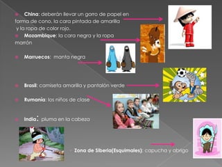     China: deberán llevar un gorro de papel en
forma de cono, la cara pintada de amarilla
 y la ropa de color rojo.
 Mozambique: la cara negra y la ropa
marrón

   Marruecos: manta negra




   Brasil: camiseta amarilla y pantalón verde

   Rumanía: los niños de clase


   India   : pluma en la cabeza


                         Zona de Siberia(Esquimales): capucha y abrigo
 