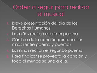 1. Breve presentación del día de los
   Derechos Humanos
2. Los niños recitan el primer poema
3. Cántico de la canción por todos los
   niños (entre poema y poema)
4. Los niños recitan el segundo poema
5. Para finalizar se proyecta la canción y
   todo el mundo se une a ella.
 