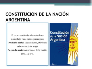 CONSTITUCION DE LA NACIÓN
ARGENTINA
El texto constitucional consta de un
preámbulo y dos partes normativas:
Primera parte: Declaraciones, Derechos
y Garantías (arts. 1-43).
Segunda parte: Autoridades de la Nación
(arts. 44-129).
 