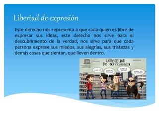 Libertad de expresión
Este derecho nos representa a que cada quien es libre de
expresar sus ideas, este derecho nos sirve para el
descubrimiento de la verdad, nos sirve para que cada
persona exprese sus miedos, sus alegrías, sus tristezas y
demás cosas que sientan, que lleven dentro.
 