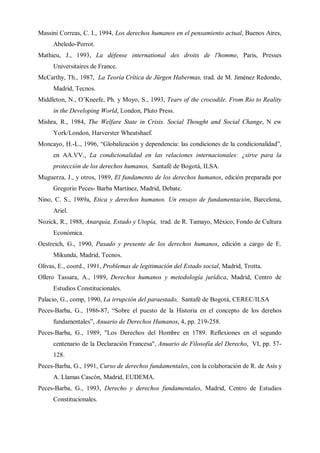 Massini Correas, C. I., 1994, Los derechos humanos en el pensamiento actual, Buenos Aires,
Abeledo-Perrot.
Mathieu, J., 1993, La défense international des droits de l'homme, París, Presses
Universitaires de France.
McCarthy, Th., 1987, La Teoría Crítica de Jürgen Habermas, trad. de M. Jiménez Redondo,
Madrid, Tecnos.
Middleton, N., O’Kneefe, Ph. y Moyo, S., 1993, Tears of the crocodile. From Rio to Reality
in the Developing World, London, Pluto Press.
Mishra, R., 1984, The Welfare State in Crisis. Social Thought and Social Change, N ew
York/London, Harverster Wheatshaef.
Moncayo, H.-L., 1996, “Globalización y dependencia: las condiciones de la condicionalidad”,
en AA.VV., La condicionalidad en las relaciones internacionales: ¿sirve para la
protección de los derechos humanos, Santafé de Bogotá, ILSA.
Muguerza, J., y otros, 1989, El fundamento de los derechos humanos, edición preparada por
Gregorio Peces- Barba Martínez, Madrid, Debate.
Nino, C. S., 1989a, Etica y derechos humanos. Un ensayo de fundamentación, Barcelona,
Ariel.
Nozick, R., 1988, Anarquía, Estado y Utopía, trad. de R. Tamayo, México, Fondo de Cultura
Económica.
Oestreich, G., 1990, Pasado y presente de los derechos humanos, edición a cargo de E.
Mikunda, Madrid, Tecnos.
Olivas, E., coord., 1991, Problemas de legitimación del Estado social, Madrid, Trotta.
Ollero Tassara, A., 1989, Derechos humanos y metodología jurídica, Madrid, Centro de
Estudios Constitucionales.
Palacio, G., comp, 1990, La irrupción del paraestado, Santafé de Bogotá, CEREC/ILSA
Peces-Barba, G., 1986-87, “Sobre el puesto de la Historia en el concepto de los derehos
fundamentales”, Anuario de Derechos Humanos, 4, pp. 219-258.
Peces-Barba, G., 1989, "Los Derechos del Hombre en 1789. Reflexiones en el segundo
centenario de la Declaración Francesa", Anuario de Filosofía del Derecho, VI, pp. 57-
128.
Peces-Barba, G., 1991, Curso de derechos fundamentales, con la colaboración de R. de Asís y
A. Llamas Cascón, Madrid, EUDEMA.
Peces-Barba, G., 1993, Derecho y derechos fundamentales, Madrid, Centro de Estudios
Constitucionales.
 