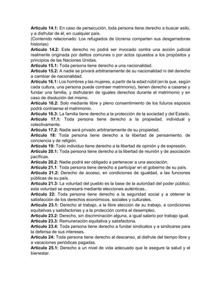 Artículo 14.1: En caso de persecución, toda persona tiene derecho a buscar asilo,
y a disfrutar de él, en cualquier país.
(Contenido relacionado: Los refugiados de Ucrania comparten sus desgarradoras
historias)
Artículo 14.2: Este derecho no podrá ser invocado contra una acción judicial
realmente originada por delitos comunes o por actos opuestos a los propósitos y
principios de las Naciones Unidas.
Artículo 15.1: Toda persona tiene derecho a una nacionalidad.
Artículo 15.2: A nadie se privará arbitrariamente de su nacionalidad ni del derecho
a cambiar de nacionalidad.
Artículo 16.1: Los hombres y las mujeres, a partir de la edad núbil (en la que, según
cada cultura, una persona puede contraer matrimonio), tienen derecho a casarse y
fundar una familia, y disfrutarán de iguales derechos durante el matrimonio y en
caso de disolución del mismo.
Artículo 16.2: Solo mediante libre y pleno consentimiento de los futuros esposos
podrá contraerse el matrimonio.
Artículo 16.3: La familia tiene derecho a la protección de la sociedad y del Estado.
Artículo 17.1: Toda persona tiene derecho a la propiedad, individual y
colectivamente.
Artículo 17.2: Nadie será privado arbitrariamente de su propiedad.
Artículo 18: Toda persona tiene derecho a la libertad de pensamiento, de
conciencia y de religión.
Artículo 19: Todo individuo tiene derecho a la libertad de opinión y de expresión.
Artículo 20.1: Toda persona tiene derecho a la libertad de reunión y de asociación
pacíficas.
Artículo 20.2: Nadie podrá ser obligado a pertenecer a una asociación.
Artículo 21.1: Toda persona tiene derecho a participar en el gobierno de su país.
Artículo 21.2: Derecho de acceso, en condiciones de igualdad, a las funciones
públicas de su país.
Artículo 21.3: La voluntad del pueblo es la base de la autoridad del poder público;
esta voluntad se expresará mediante elecciones auténticas..
Artículo 22: Toda persona tiene derecho a la seguridad social y a obtener la
satisfacción de los derechos económicos, sociales y culturales.
Artículo 23.1: Derecho al trabajo, a la libre elección de su trabajo, a condiciones
equitativas y satisfactorias y a la protección contra el desempleo.
Artículo 23.2: Derecho, sin discriminación alguna, a igual salario por trabajo igual.
Artículo 23.3: Remuneración equitativa y satisfactoria.
Artículo 23.4: Toda persona tiene derecho a fundar sindicatos y a sindicarse para
la defensa de sus intereses.
Artículo 24: Toda persona tiene derecho al descanso, al disfrute del tiempo libre y
a vacaciones periódicas pagadas.
Artículo 25.1: Derecho a un nivel de vida adecuado que le asegure la salud y el
bienestar.
 
