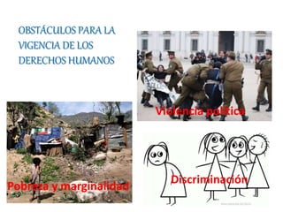 OBSTÁCULOS PARA LA 
VIGENCIA DE LOS 
DERECHOS HUMANOS 
Violencia política 
Discriminación 
Pobreza y marginalidad 
 