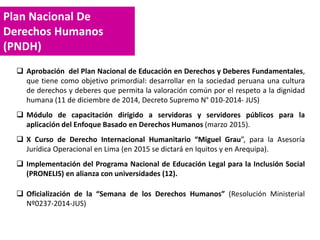 Plan Nacional De
Derechos Humanos
(PNDH)
 Aprobación del Plan Nacional de Educación en Derechos y Deberes Fundamentales,
que tiene como objetivo primordial: desarrollar en la sociedad peruana una cultura
de derechos y deberes que permita la valoración común por el respeto a la dignidad
humana (11 de diciembre de 2014, Decreto Supremo N° 010-2014- JUS)
 Módulo de capacitación dirigido a servidoras y servidores públicos para la
aplicación del Enfoque Basado en Derechos Humanos (marzo 2015).
 X Curso de Derecho Internacional Humanitario “Miguel Grau”, para la Asesoría
Jurídica Operacional en Lima (en 2015 se dictará en Iquitos y en Arequipa).
 Implementación del Programa Nacional de Educación Legal para la Inclusión Social
(PRONELIS) en alianza con universidades (12).
 Oficialización de la “Semana de los Derechos Humanos” (Resolución Ministerial
Nº0237-2014-JUS)
 