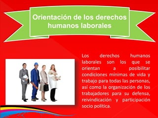 Orientación de los derechos 
humanos laborales 
Los derechos humanos 
laborales son los que se 
orientan a posibilitar 
condiciones mínimas de vida y 
trabajo para todas las personas, 
así como la organización de los 
trabajadores para su defensa, 
reivindicación y participación 
socio política. 
 