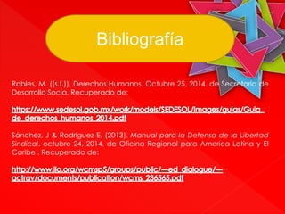Bibliografía 
Robles, M. ((s.f.)). Derechos Humanos. Octubre 25, 2014, de Secretaria de 
Desarrollo Socia, Recuperado de: 
Sánchez, J & Rodríguez E. (2013). Manual para la Defensa de la Libertad 
Sindical. octubre 24, 2014, de Oficina Regional para America Latina y El 
Caribe . Recuperado de: 
