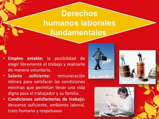 Derechos 
humanos laborales 
fundamentales 
• Empleo estable: la posibilidad de 
elegir libremente el trabajo y realizarlo 
de manera voluntaria. 
• Salario suficiente: remuneración 
idónea para satisfacer las condiciones 
mínimas que permitan llevar una vida 
digna para el trabajador y su familia. 
• Condiciones satisfactorias de trabajo: 
descanso suficiente, ambiente laboral, 
trato humano y respetuoso. 
 
