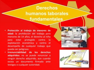Derechos 
humanos laborales 
fundamentales 
• Protección al trabajo de menores de 
edad: la prohibición del trabajo para 
menores de 14 años, el derecho al niño 
para estar protegido contra la 
explotación económica y contra el 
desempeño de cualquier trabajo que 
pueda ser peligroso. 
• Irrenunciabilidad de los derechos 
adquiridos: no se puede renunciar a 
ningún derecho adquirido, aun cuando 
exista un documento firmado ante 
testigos o cualquier autoridad. 
 