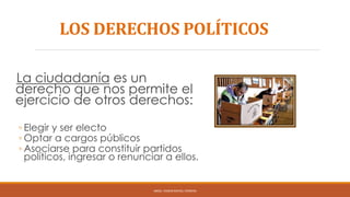 LOS DERECHOS POLÍTICOS
La ciudadanía es un
derecho que nos permite el
ejercicio de otros derechos:
◦ Elegir y ser electo
◦ Optar a cargos públicos
◦ Asociarse para constituir partidos
políticos, ingresar o renunciar a ellos.
ABOG. YAXKIN RAFAEL FERRERA
 