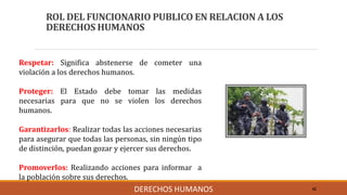 ROL DEL FUNCIONARIO PUBLICO EN RELACION A LOS
DERECHOS HUMANOS
42DERECHOS HUMANOS
Respetar: Significa abstenerse de cometer una
violación a los derechos humanos.
Proteger: El Estado debe tomar las medidas
necesarias para que no se violen los derechos
humanos.
Garantizarlos: Realizar todas las acciones necesarias
para asegurar que todas las personas, sin ningún tipo
de distinción, puedan gozar y ejercer sus derechos.
Promoverlos: Realizando acciones para informar a
la población sobre sus derechos.
 