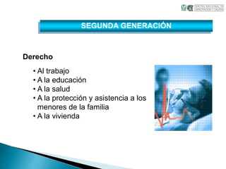 Derecho 
SEGUNDA GENERACIÓN 
• Al trabajo 
• A la educación 
• A la salud 
• A la protección y asistencia a los 
menores de la familia 
• A la vivienda 
 