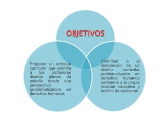 Contribuir a la 
elaboración de un 
diseño curricular 
problematizador en 
derechos humanos 
pertinente a la propia 
realidad educativa y 
factible de realizarse 
Proponer un enfoque 
curricular que permita 
a los profesores 
diseñar planes de 
estudio desde una 
perspectiva 
problematizadora en 
derechos humanos 
 