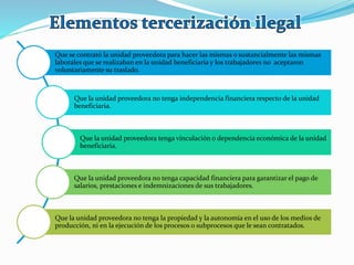 Que se contrató la unidad proveedora para hacer las mismas o sustancialmente las mismas
laborales que se realizaban en la unidad beneficiaria y los trabajadores no aceptaron
voluntariamente su traslado.
Que la unidad proveedora no tenga independencia financiera respecto de la unidad
beneficiaria.
Que la unidad proveedora tenga vinculación o dependencia económica de la unidad
beneficiaria.
Que la unidad proveedora no tenga capacidad financiera para garantizar el pago de
salarios, prestaciones e indemnizaciones de sus trabajadores.
Que la unidad proveedora no tenga la propiedad y la autonomía en el uso de los medios de
producción, ni en la ejecución de los procesos o subprocesos que le sean contratados.
 