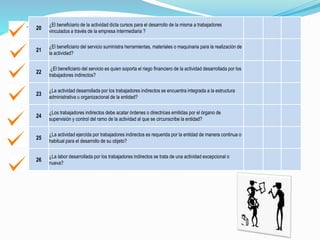 20
¿El beneficiario de la actividad dicta cursos para el desarrollo de la misma a trabajadores
vinculados a través de la empresa intermediaria ?
21
¿El beneficiario del servicio suministra herramientas, materiales o maquinaria para la realización de
la actividad?
22
¿El beneficiario del servicio es quien soporta el riego financiero de la actividad desarrollada por los
trabajadores indirectos?
23
¿La actividad desarrollada por los trabajadores indirectos se encuentra integrada a la estructura
administrativa u organizacional de la entidad?
24
¿Los trabajadores indirectos debe acatar órdenes o directrices emitidas por el órgano de
supervisión y control del ramo de la actividad al que se circunscribe la entidad?
25
¿La actividad ejercida por trabajadores indirectos es requerida por la entidad de manera continua o
habitual para el desarrollo de su objeto?
26
¿La labor desarrollada por los trabajadores indirectos se trata de una actividad excepcional o
nueva?
 