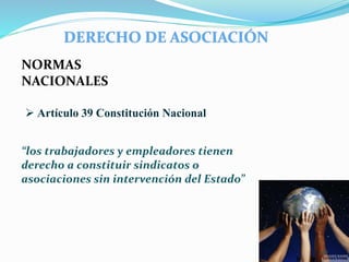 NORMAS
NACIONALES
 Artículo 39 Constitución Nacional
“los trabajadores y empleadores tienen
derecho a constituir sindicatos o
asociaciones sin intervención del Estado”
56
DERECHO DE ASOCIACIÓN
 