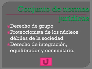 Derecho de grupo
Proteccionista de los núcleos
débiles de la sociedad
Derecho de integración,
equilibrador y comunitari...