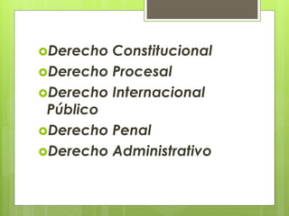 Derecho Constitucional
Derecho Procesal
Derecho Internacional
Público
Derecho Penal
Derecho Administrativo
 