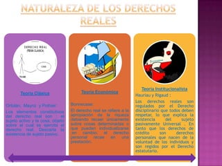 Teoría Institucionalista
       Teoría Clásica                  Teoría Económica
                                                                    Hauriau y Rigaud :
                                                                    Los derechos reales son
Ortolàn, Maynz y Pothier:         Bonnecase:                        regulados por el Derecho
Los elementos constitutivos       El derecho real se refiere a la   disciplinario que todos deben
del derecho real son : el         apropiación de la riqueza         respetar, lo que explica la
sujeto activo y la cosa, objeto   debiendo recaer únicamente        existencia      del     sujeto
sobre el cual se ejercita el      sobre cosas determinadas o        pasivamente Universal . En
derecho real. Descarta la         que pueden individualizarse       tanto que los derechos de
existencia de sujeto pasivo.      ;en cambio, el derecho            crédito      son     derechos
                                  personal recae en una             personales que nacen de la
                                  prestación.                       voluntad de los individuos y
                                                                    son regidos por el Derecho
                                                                    estatutario.
 