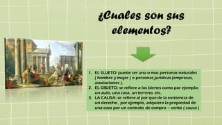 ¿Cuales son sus
elementos?
1. EL SUJETO: puede ser una o mas personas naturales
( hombre y mujer ) o personas jurídicas (empresas,
asociaciones ).
2. EL OBJETO: se refiere a los bienes como por ejemplo:
un auto, una casa, un terreno, etc.
3. LA CAUSA: se refiere al por que de la existencia de
un derecho , por ejemplo, adquiero la propiedad de
una cosa por un contrato de compra – venta ( causa )
 