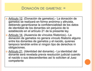 DONACIÓN DE GAMETAS: =






Artículo 12. (Donación de gametos).- La donación de
gametos se realizará en forma anónima y altruista,
debiendo garantizarse la confidencialidad de los datos
de identidad de los donantes sin perjuicio de lo
establecido en el artículo 21 de la presente ley.
Artículo 14. (Ausencia de vínculos filiatorios).- La
donación de gametos no genera vínculo filiatorio alguno
entre los donantes de gametos y el nacido, quienes
tampoco tendrán entre sí ningún tipo de derechos ni
obligaciones.
Artículo 21. (Identidad del donante).- La identidad del
donante será revelada previa resolución judicial cuando
el nacido o sus descendientes así lo soliciten al Juez
competente

 