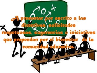 A presentar por escrito a las directivas, solicitudes respetuosas, sugerencias o iniciativas que propendan por el bienestar  de la comunidad educativa.