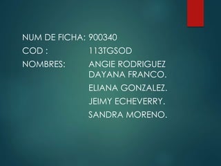 NUM DE FICHA: 900340
COD : 113TGSOD
NOMBRES: ANGIE RODRIGUEZ
DAYANA FRANCO.
ELIANA GONZALEZ.
JEIMY ECHEVERRY.
SANDRA MORENO.
 