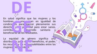 En salud significa que las mujeres y los
hombres se encuentran en igualdad de
condiciones para ejercer plenamente sus
derechos y su potencial para estar sanos,
contribuir al desarrollo sanitario y
beneficiarse de los resultados.
La equidad de género significa una
distribución justa de los beneficios, el poder,
los recursos y las responsabilidades entre las
mujeres y los hombres.
DE
GE
NE
 
