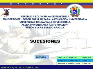 REPÚBLICA BOLIVARIANA DE VENEZUELA
MINISTERIO DEL PODER POPULAR PARA LA EDUCACIÓN UNIVERSITARIA
UNIVERSIDAD BOLIVARIANA DE VENEZUELA
ALDEA UNIVERSITARIA “LA FUNDACION”
MISIÓN SUCRE ESTADO ARAGUA
MARACAY; 31 DE OCTUBRE 2012
AUTORES:
MARIBETH N SÁNCHEZ V. 12.146.757
SUCESIONES
NELSON R. GONZÁLEZ G. 9.667.298
CARLOS A. PÉREZ G. 9.914.473
 