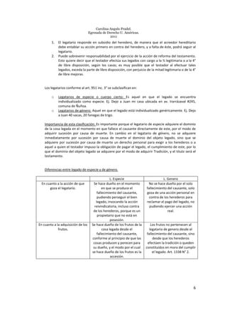 Carolina Angulo Pradel.
Egresada de Derecho U. Américas.
2011
6
1. El legatario responde en subsidio del heredero, de manera que el acreedor hereditario
debe entablar su acción primero en contra del heredero, y a falta de éste, podrá seguir al
legatario.
2. Puede sobrevenir responsabilidad por el ejercicio de la acción de reforma del testamento.
Esto quiere decir que el testador efectúa sus legados con cargo a la ½ legitimaria o a la 4°
de libre disposición, según los casos; es muy posible que el testador al efectuar tales
legados, exceda la parte de libre disposición, con perjuicio de la mitad legitimaria o de la 4°
de libre mejoras.
Los legatarios conforme al art. 951 inc. 3° se subclasifican en:
o Legatarios de especie o cuerpo cierto: Es aquel en que el legado se encuentra
individualizado como especie. Ej. Dejo a Juan mi casa ubicada en av. Irarrázaval #245,
comuna de Ñuñoa.
o Legatarios de género: Aquel en que el legado está individualizado genéricamente. Ej. Dejo
a Juan 40 vacas, 20 fanegas de trigo.
Importancia de esta clasificación: Es importante porque el legatario de especie adquiere el dominio
de la cosa legada en el momento en que fallece el causante directamente de este, por el modo de
adquirir sucesión por causa de muerte. En cambio en el legatario de género, no se adquiere
inmediatamente por sucesión por causa de muerte el dominio del objeto legado, sino que se
adquiere por sucesión por causa de muerte un derecho personal para exigir a los herederos o a
aquel a quien el testador impuso la obligación de pagar el legado, el cumplimiento de este, por lo
que el dominio del objeto legado se adquiere por el modo de adquirir Tradición, y el titulo será el
testamento.
Diferencias entre legado de especie y de género.
L. Especie L. Genero
En cuanto a la acción de que
goza el legatario.
Se hace dueño en el momento
en que se produce el
fallecimiento del causante,
pudiendo perseguir el bien
legado, invocando la acción
reivindicatoria, incluso contra
de los herederos, porque es un
propietario que no está en
posesión.
No se hace dueño por el solo
fallecimiento del causante, solo
goza de una acción personal en
contra de los herederos para
reclamar el pago del legado, no
pudiendo ejercer una acción
real.
En cuanto a la adquisición de los
frutos.
Se hace dueño de los frutos de la
cosa legada desde el
fallecimiento del causante,
conforme al principio de que las
cosas producen y perecen para
su dueño, y el modo por el cual
se hace dueño de los frutos es la
accesión.
Los frutos no pertenecen al
legatario de genero desde el
fallecimiento del causante, sino
desde que los herederos
efectúen la tradición o queden
constituidos en mora del cumplir
el legado. Art. 1338 N° 2.
 